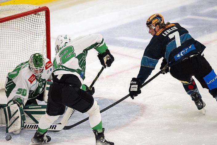 Tormann Luka Kolin (HK SZ Olimpija), Nik Simsic (HK SZ Olimpija), Brian Lebler (Steinbach Black Wings Linz) Steinbach Black Wings Linz vs HK SZ Olimpija Ljubljana, Linz AG Eisarena 