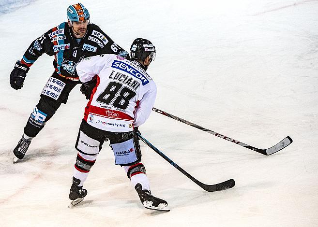 Im Bild: Juraj Valach (EHC Liwest Black Wings Linz), Anthony Luciani (HC Orli Znojmo) Eishockey,  EHC Liwest Black Wings Linz vs HC Orli Znojmo