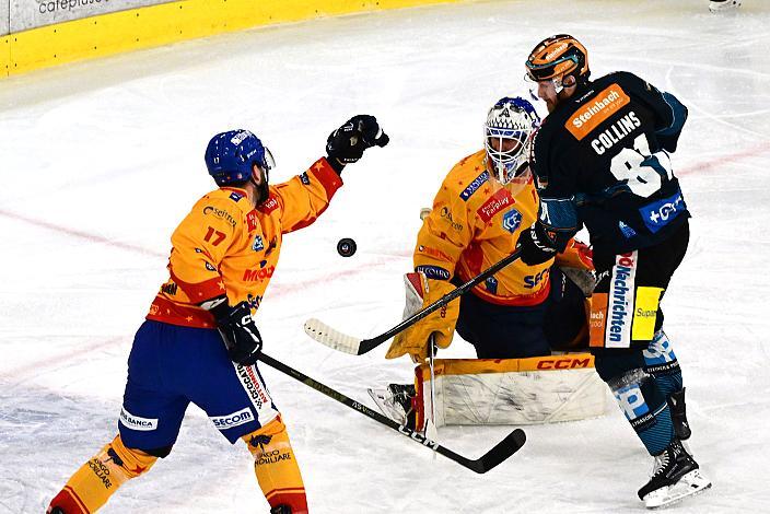 Lorenzo Casetti (Migross Supermercati Asiago Hockey 1935), Sean Collins (Steinbach Black Wings Linz), Tormann Marco de Filippo Roia (Migross Supermercati Asiago Hockey 1935) Steinbach Black Wings Linz vs Migross Supermercati Asiago Hockey 1935, Linz AG Eisarena 