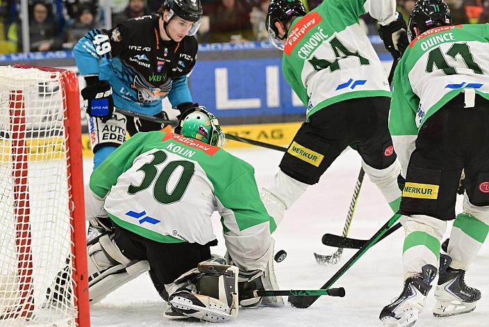 Tormann Luka Kolin (HK Olimpija Ljubljana), Graham Knott (Steinbach Black Wings Linz), 49. Runde ICE, Steinbach Black Wings Linz vs Olimpija Ljubljana, Linz AG Eisarena 