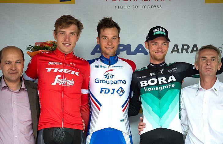 Podest Herrn v.l. Matthias BrÃ¤ndle (AUT, Trek Segafredo), Sieger Georg Preidler (AUT, Groupama - FDJ), Felix Grossschartner (AUT, Bora - Hansgrohe) Staatsmeisterschaft, Einzelzeitfahren, Stephanshart, NOE