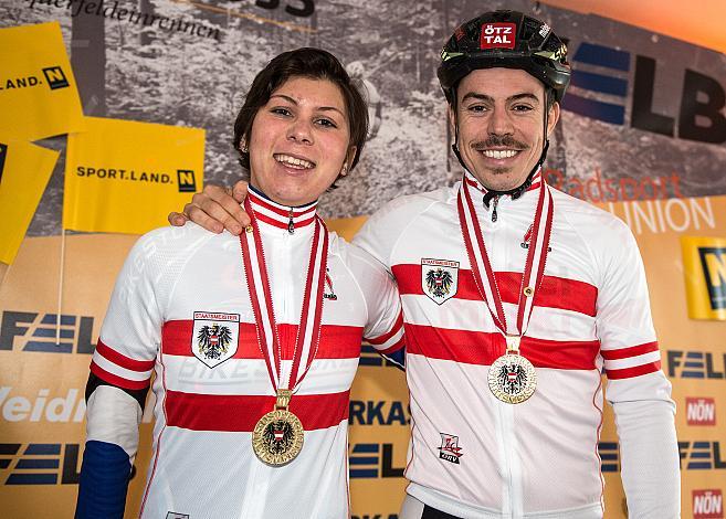 07.01.2018, St. Pölten, AUT, Rad Querfeldein Staatsmeisterschaft Elite Herren, 2018, St. Pölten, Niederösterreich, im Bild Nadja Heigl (AUT, Sportunion Bikestore.cc Team), Gregor Raggl (AUT, Möbel Märki MTB Pro Team) //  during cy