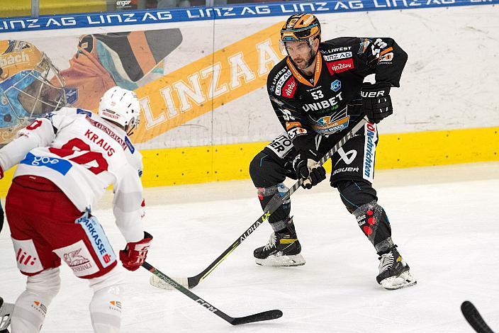 Marc-Andre Dorion (Steinbach Black Wings Linz), Nikolaus Kraus (EC KAC).Steinbach Black Wings Linz vs EC KAC, 8. Runde ICE Hockey League, Steinbach Black Wings Linz, Linz AG Eisarena 