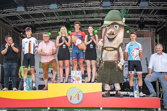 v.l. 2. Platz Moritz Kärsten (GER, Team Deutschland), Gesamtführender und Etappensieger, Alec Segaert (BEL, Gaverzicht Be - Okay), 3. Platz Nils Michotte (LUX, Team Luxemburg) 46. Int. Keine Sorgen,  Junioren Rundfahrt UCI Kat. MJ 2.1, 1. Etappe Haid/Ansfelden - Marchtrenk