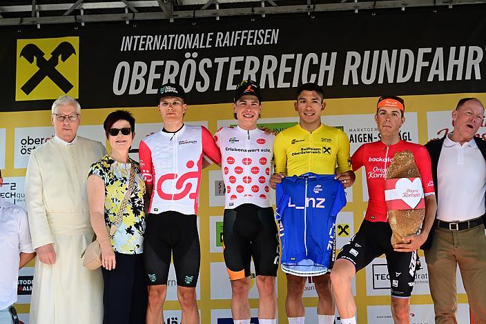 Die Führungstrikots Balint Feldhofer (HUN, Team United Shipping), Josef Dirnbauer (AUT, Cycling Team Schwingshandl), Edgar David Cadena (MEX, Petrolike), Marco Schrettl (AUT, Tirol KTM Cycling Team), 3. Etappe Bad Schallerbach - Aigen - Schlägl, 15. Int. Raiffeisen OÖ-Radrundfahrt UCI Kat. 2.2