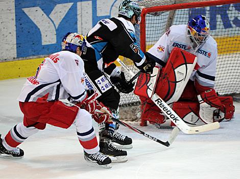 Brian Lebler, Linz vor Tormann Thomas Hoeneckl, Salzburg, EHC Liwest Black Wings Linz vs. EC Red Bull Salzburg
