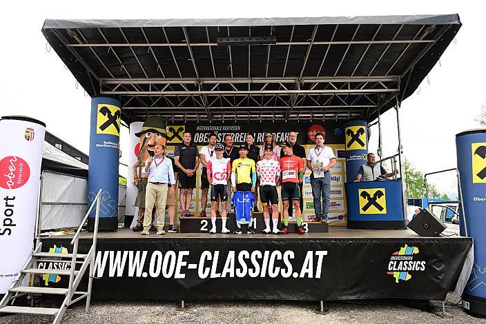 Die Trikoträger der Tour, Aaron Dockx (BEL, Alpecin-Deceuninck Development Team), Edgar David Cadena (MEX, Petrolike), Josef Dirnbauer (AUT, Cycling Team Schwingshandl), Riccardo Zoidl (AUT, Hrinkow Advarics) 4. Etappe St.Florian /Asten - Hinterstoder/Höss 15. Int. Raiffeisen OÖ-Radrundfahrt UCI Kat. 2.2