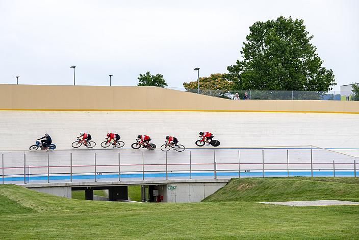 Dernytraining mit Andreas Graf (ÖRV Assistenttrainer Bahnkader), Cian Hampton (AUT, Junior Cycling Team Graz ARBÖ) , Tim Wafler (AUT, Tirol Cycling Team), Felix Ritzinger (AUT, WSA KTM Graz pb Leomo), Stefan Kovar (AUT, Tirol KTM Cycling Team), Maximilian Schmidbauer (AUT, WSA KTM Graz), Radtraining ÖRV Bahnkader, Radbahn Hello Yellow by Schachermayer 