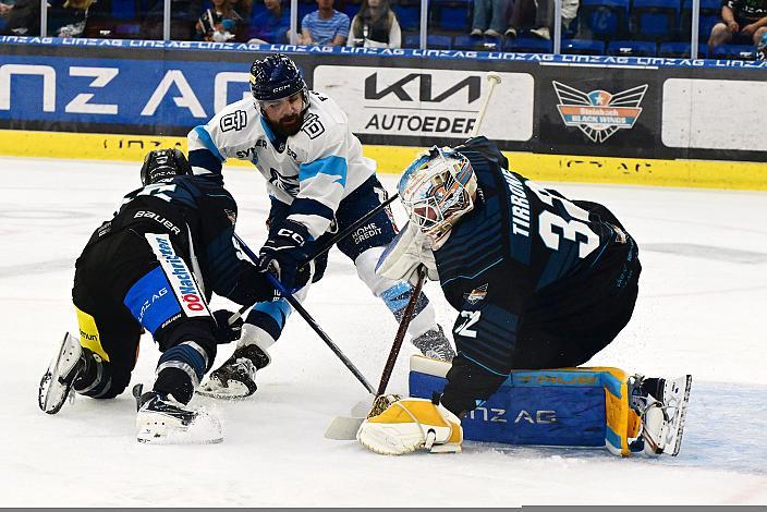  Marek Zachar (CZE, Bili Tygri Liberec), Tormann Rasmus Tirronen (Steinbach Black Wings Linz), Steinbach Black Wings Linz vs Bili Tygri Liberec (CZE) , Linz AG Eisarena 