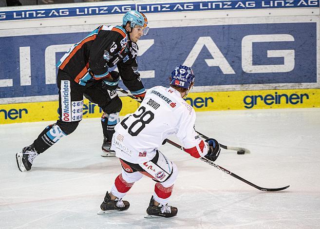 Im Bild: Valentin Leiler (EHC Liwest Black Wings Linz), Michael Boivin (HC TWK Innsbruck  Die Haie) Eishockey,  EHC Liwest Black Wings Linz vs HC TWK Innsbruck â€žDie Haieâ€œ