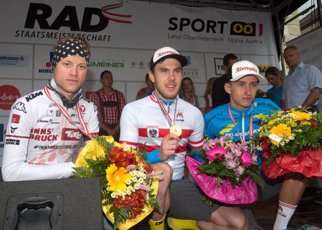 v.l. Benjamin Brkic AUT (Tirol Cycling Team) , Lukas Schlemmer (AUT, Team Felbermayr Simplon Wels), Marcel Neuhauser (Team Felbermayr Simplon Wels), Rad Staatsmeisterschaft, Elite Herren, Grein an der Donau