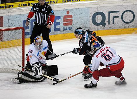 Daniel Oberkofler Liwest Black Wings Linz, vor dem Tor der Salzburger gehuetet von Reinhard Divis EC Red Bull Salzburg