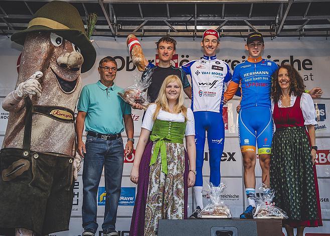 Podest Etappe, 2. Frederic Thomsen (DEN, Team Mascot Workwear), Etappensieger Steven Pattyn, (BEL, Van Moer Logistics Cycling Team) 3. Henri Uhlig (GER, Team Hermann), 3. Etappe Bad Wimsbach - Gmundner Berg Oberoesterreich Juniorenrundfahrt (2.1)