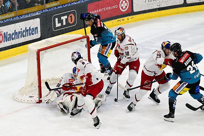 Brian Lebler (Steinbach Black Wings Linz), Travis Barron (Steinbach Black Wings Linz), Tormann David Kickert (EC Red Bull Salzburg), 8. Runde ICE, Steinbach Black Wings Linz vs EC Red Bull Salzburg, Linz AG Eisarena 