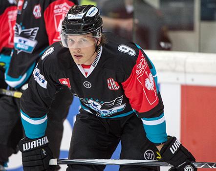 center Brian Lebler #9 of Black Wings Linz , EHC Liwest Black Wings Linz vs SC Bern