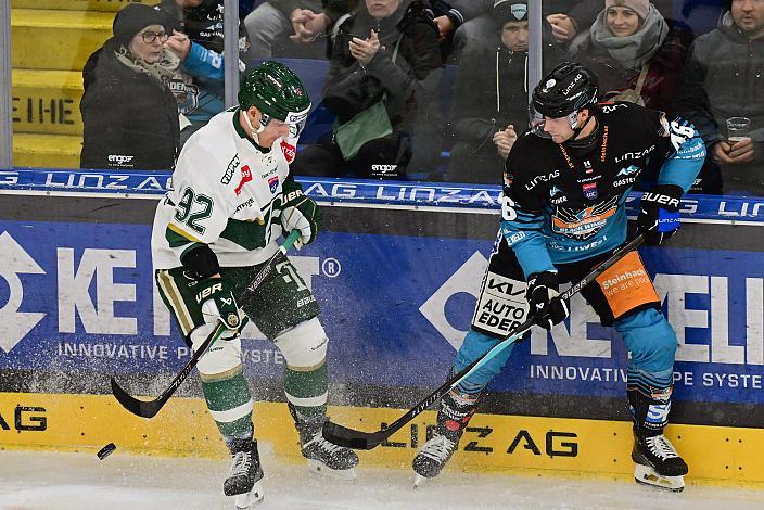 Jussi Tammela (FTC-Telekom), Niklas Würschl (Steinbach Black Wings) 45. Runde ICE, Steinbach Black Wings Linz vs FTC-Telekom, Linz AG Eisarena 