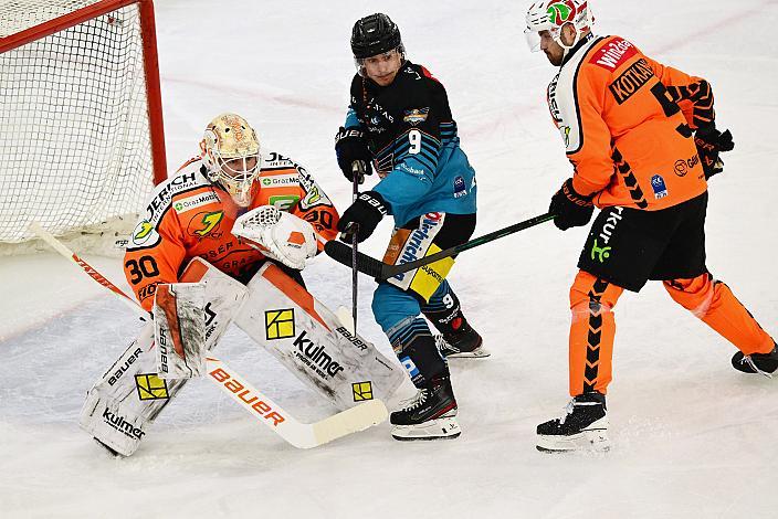 Tormann Nicolas Wieser (Moser Medical Graz 99ers), Emilio Romig (Steinbach Black Wings Linz), Kasper Kotkansalo (Moser Medical Graz 99ers), 52. Runde ICE, Steinbach Black Wings Linz vs Graz 99ers, Linz AG Eisarena 