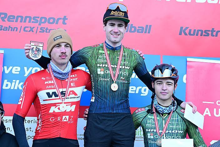 Podest Herren U23, Staatsmeister  Dominik Hödlmoser (AUT, Hrinkow Advarics), 2. Platz Christian Holzer (AUT, (AUT, WSA KTM Graz), 3. Platz Ayden Jordan (AUT, Hrinkow Advarics), Rad Cyclo Cross, ÖSTM/ÖM Querfeldein, Ciclo Cross, Cycling Austria, Bludenz, VBG