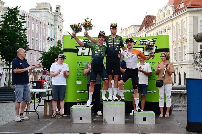 Siegerpodest Herren, 2. Platz Josef Dirnbauer (AUT, Hrinkow Advarics), Sieger Loic Bettendorff (LUX, Hrinkow Advarics), 3. Platz Adrian Stieger (AUT, Schwingshandl Intralogistics), 28. Int. ASVÖ - HRINKOW City Kriterium Steyr, Herren Elite, ÖRV, Radsport, Mountainbike, ELITE Rennrad