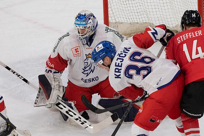 Tormann Ales Stezka (CZE), Jakub Krejcik (CZE), Verteidiger Kele Steffler (AUT), Österreich vs Tschechische Republik, Eishockey Nationalteam, Testspiel Linz, Oberösterreich 