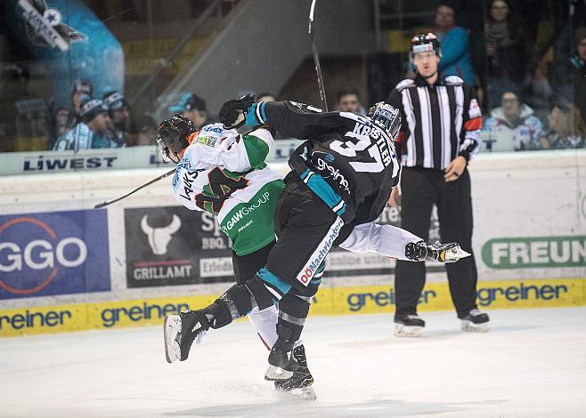 Andreas Kristler (EHC Liwest Black Wings Linz) und Aleksi Laakso (Moser Medical Graz 99ers)  EHC Liwest Black Wings Linz vs Moser Medical Graz 99ers