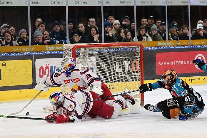  Sean Collins (Steinbach Black Wings Linz) vor Tormann Atte Tolvanen (EC Red Bull Salzburg) Win2Day ICE Hockey League,  Steinbach Black Wings Linz vs EC Red Bull Salzburg,  Linz AG Eisarena 