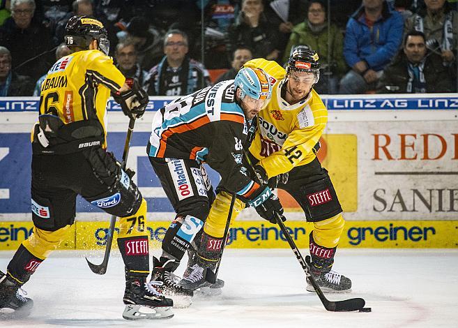 Im Bild: Lucas Matthias Birnbaum (spusu Vienna Capitals), Dan DaSilva (EHC Liwest Black Wings Linz) Eishockey, Alex Wall (Vienna Capitals), EHC Liwest Black Wings Linz vs Spusu Vienna Capitals