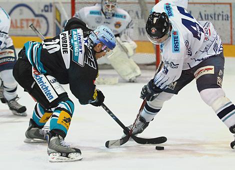 #20 Brad Purdie, Liwest Black Wings Linz im Duell um die Scheibe mit der #49 Tamas Groeschl, Alba Volan - Szekesfehervar.