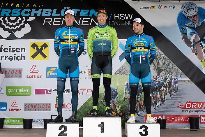 LM OOE, 2. Platz Florian Kierner (Team Felbermayr Simplon Wels), Sieger Rainer Kepplinger (AUT, Hrinkow Advarics), 3. Platz Florian Gamper (AUT, Team Felbermayr Simplon Wels) Herren Elite, U23, Radliga, 60. Raika Kirschbluetenrennen, Wels, Oberösterreich