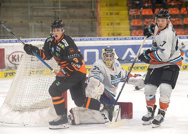 Parker MacCay (Graz 99ers), Tormann Luca Gracnar (Black Wings Linz), Moritz Matzka (Black Wings 1992), Black Wings Linz vs Graz 99ers, Eishockey, Testspiel