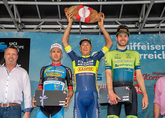 Siegerpodest, 2. Platz Riccardo Zoidl (AUT, Team Felbermayr Simplon Wels), Etappensieger Michal Schlegel (CZE, Team Elkov Kasper), 3. Platz Jonas Rapp (GER, Hrinkow Advarics Cycleang), 2. Etappe Eferding - Oberneukirchen, Int. Raiffeisen Oberösterreich Rundfahrt UCI Kat. 2.2