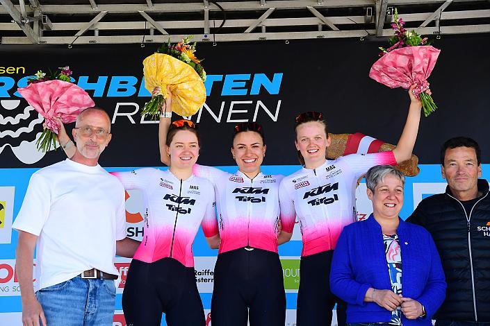 Podust U24 , Liv Wenzel (LUX, Tirol Woman Cycling), Siegerin und führende Road Cycling League Tabea Huys (AUT, Tirol Woman Cycling), Amalie Cooper (GBR, Tirol Woman Cycling),  Damen Elite, U23, Road Cycling League Austria, 64. Raika Kirschbluetenrennen, Wels, Oberösterreich