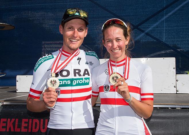 Sarah Rijkes (AUT, Team Experza - Footlogix) und Lukas PÃ¶stlberger (AUT, Bora - Hansgrohe) Staatsmeisterschaft, Strassenrennen, Kahlenberg, Wien