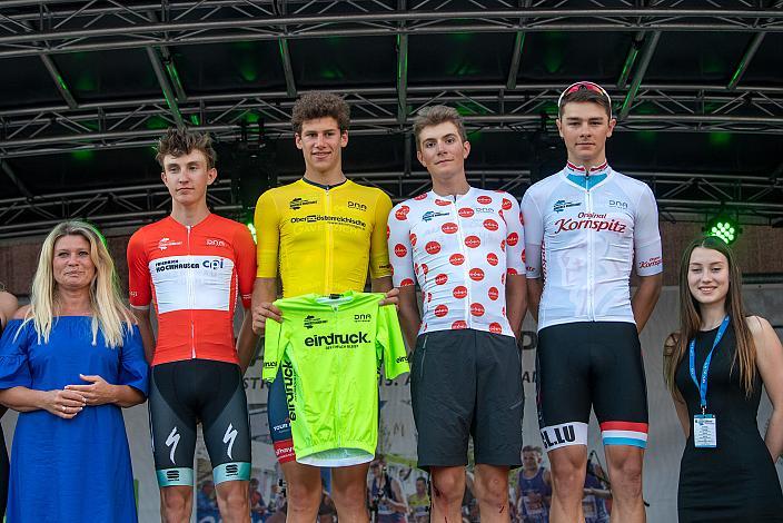 v.l. Trikots Bester Österreicher Alexander Hajek (AUT, Team Auto Eder), Gesamtführender und Etappensieger, Alec Segaert (BEL, Gaverzicht Be - Okay), Marco Schrettl (AUT, Team Auto Eder), 3. Platz Nils Michotte (LUX, Team Luxemburg), 46. Int. Keine Sorgen,  Junioren Rundfahrt UCI Kat. MJ 2.1, 1. Etappe Haid/Ansfelden - Marchtrenk