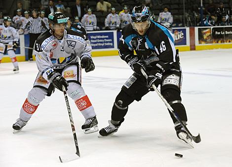 #46 Christoph Ibounig, Liwest Black Wings Linz im Duell mit der #31 Patrick Fischer, EV Zug.