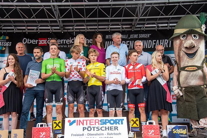 Die Trikotträger mit Benjamin Eckerstorfer (AUT, Team Österreich), Frank Aron Ragilo (EST, Cannibal Team) im Gelben Trikot, Moritz Hörandtner (AUT, Team Oberösterreich), Henry Neff (USA, LUX/CTS p/b Specialized), Artem Shmidt (USA, Cannibal Team) , Rohrbach - Rohrbach, Int. "Keine Sorgen" Junioren Rundfahrt UCI Kat. 2.1 MJ