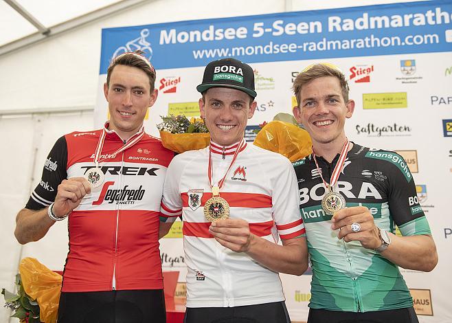 Das Siegerpodest Herren Elite, Patrick Konrad (AUT, Bora - Hansgrohe), Michael Gogl (AUT, Trek - Segafredo), Gregor MÃ¼hlberger (AUT, Bora - Hansgrohe),   Herren Elite Rad Strassen Staatsmeisterschaft, Mondsee