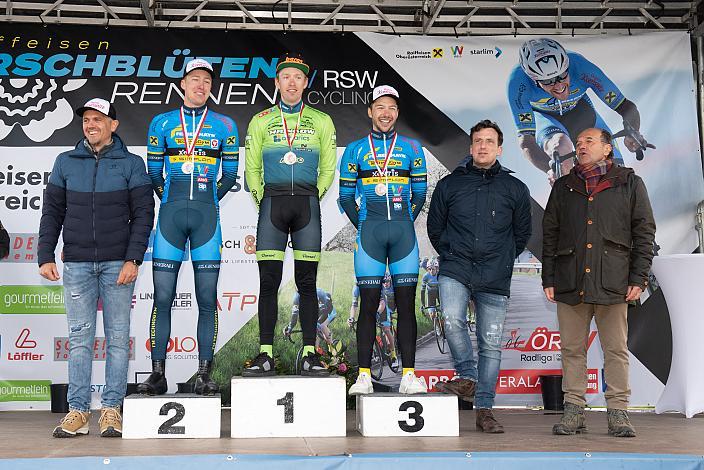 LM OOE, 2. Platz Florian Kierner (Team Felbermayr Simplon Wels), Sieger Rainer Kepplinger (AUT, Hrinkow Advarics), 3. Platz Florian Gamper (AUT, Team Felbermayr Simplon Wels) Herren Elite, U23, Radliga, 60. Raika Kirschbluetenrennen, Wels, Oberösterreich