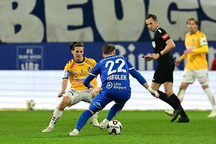 David Riegler (FC Blau-Weiß Linz), Jonas Mayer (SV Oberbank Ried), Fussball, Blau Weiss vs SV Ried , Qualifikationsrunde, Bundesliga,, 2025 - 2026