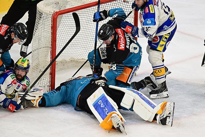 Tormann Rasmus Tirronen (Steinbach Black Wings Linz), Yohann Auvitu (Steinbach Black Wings Linz), Spiel 2 Pre-Playoffs,  ICE, Steinbach Black Wings Linz vs EC iDM Wärmepumpen VSV, Linz AG Eisarena 