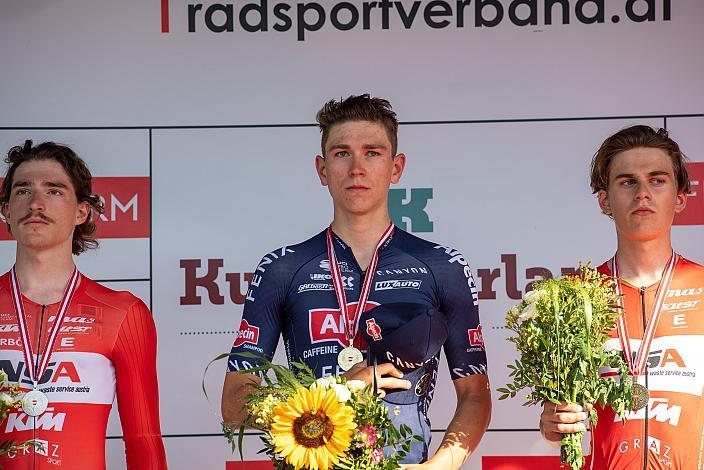 v.l.Podest U23 Valentin Götzinger (AUT, WSA KTM Graz), Sieger Tobias Bayer (AUT, Alpecin-Fenix), 3. Platz Maximilian Kabas (AUT, WSA KTM Graz)  Elite Herren, Österreichische Meisterschaft Einzelzeitfahren, Kufstein, Tirol 