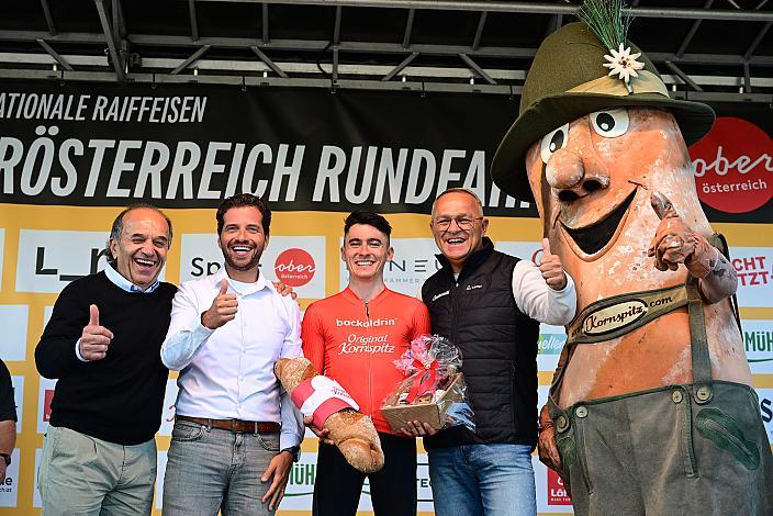 Paul Resch (Ex Präsident LRV Oberösterreich), Mario Rossmann (Präsident Cycling Upper Austria, Oberösterreich), Im Roten Trikot des Besten Österreichers Martin Messner (AUT, WSA KTM Graz),  2. Etappe Eferding - Reichersberg, Oberösterreich Rundfahrt