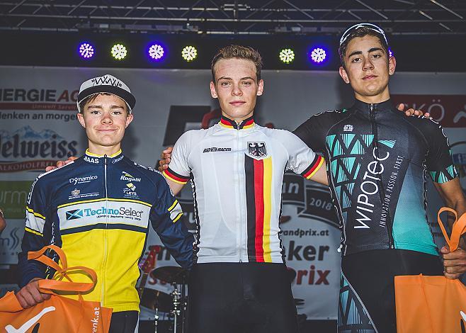 v.l. 2. Ben Tulett, (ENG, Willebrord Wil Vooruit),  Sieger Marius MAYRHOFER, (GER, Team Deutschland), 1. Etappe Traun - Marchtrenk Oberoesterreich Juniorenrundfahrt (2.1), 3. Leon Eduard Brescher (GER, Team Wipotec)