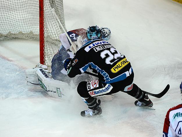 #22 Brett Engelhardt, Linz und #40 Michael Ouzas, Tormann, KHL Medvescak Zagreb, EHC Liwest Black Wings Linz vs KHL Medvescak Zagreb, Zwischenrunde