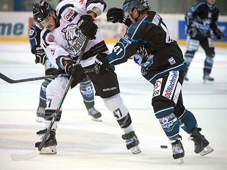 Curtis Murphy, Linz und Marco Pfleger, Nuernberg, EHC Liwest Black Wings Linz vs Nuernberg Ice Tigers Testspiel