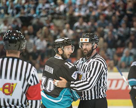 defenseman Marc-Andre Dorion #10 of Liwest Black Wings EHC Liwest Black Wings Linz vs SC Bern