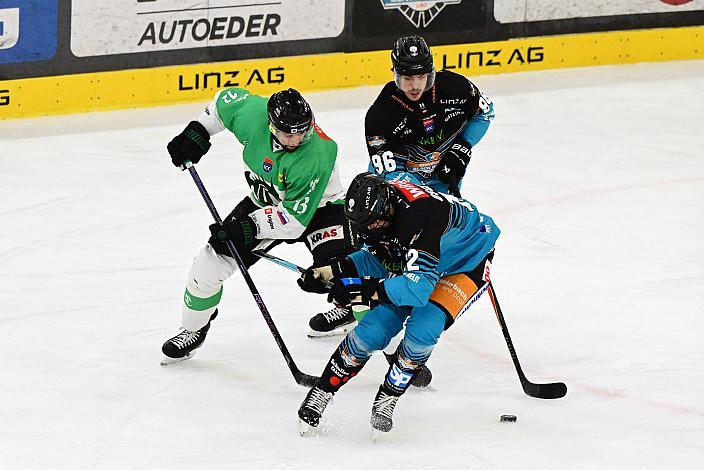 Jonathan Oschgan (Steinbach Black Wings Linz), Ziga Pance (HK Olimpija Ljubljana), Christoph Tialler (Steinbach Black Wings Linz), 49. Runde ICE, Steinbach Black Wings Linz vs Olimpija Ljubljana, Linz AG Eisarena 