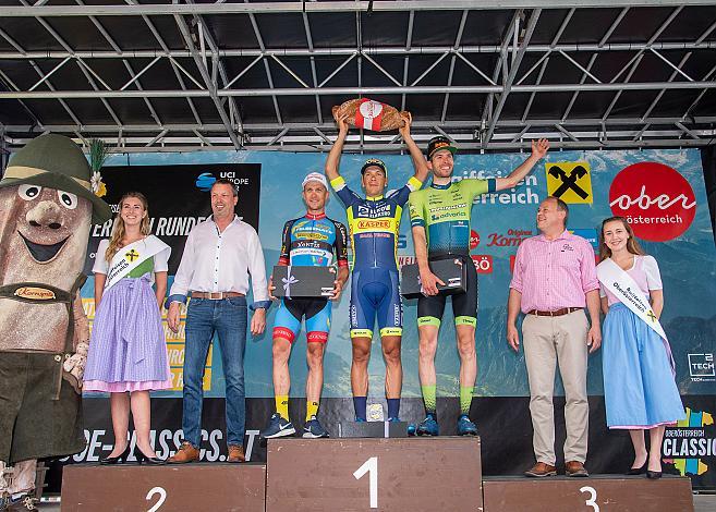 Siegerpodest, 2. Platz Riccardo Zoidl (AUT, Team Felbermayr Simplon Wels), Etappensieger Michal Schlegel (CZE, Team Elkov Kasper), 3. Platz Jonas Rapp (GER, Hrinkow Advarics Cycleang), 2. Etappe Eferding - Oberneukirchen, Int. Raiffeisen Oberösterreich Rundfahrt UCI Kat. 2.2