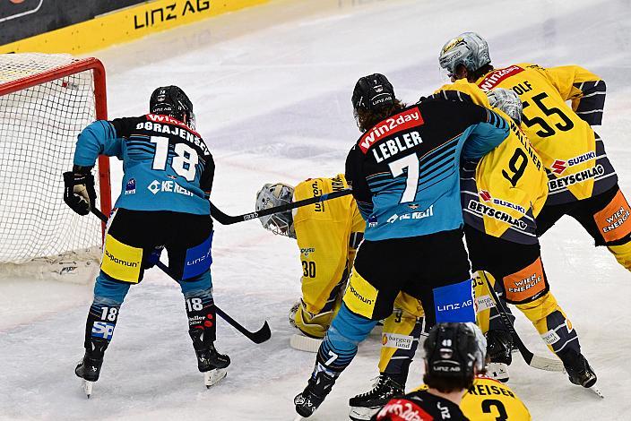 Ken Ograjensek (Steinbach Black Wings Linz), Tormann Sebastian Wraneschitz (Vienna Capitals), Brian Lebler (Steinbach Black Wings Linz) 48. Runde ICE, Steinbach Black Wings Linz vs Vienna Capitals, Linz AG Eisarena 