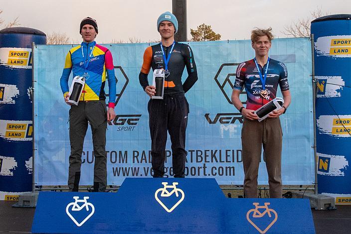 Podest Finales Rennen, 2. Platz Philipp Heigl (AUT, Team Bikestore), Sieger Adrian Stieger (AUT, Cycling Team Schwingshandl), 3. Platz Lucas Kraus (AUT, RC ARBÖ Felt Felbermayr),  Rad Cyclo Cross, ÖSTM/ÖM Querfeldein, Ciclo Cross, Cycling Austria, Maria Enzersdorf, NÖ